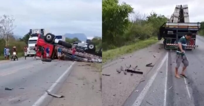 acidente-na-estrada:-dois-caminhoes-se-chocam-na-br-324,-proximo-a-tanquinho