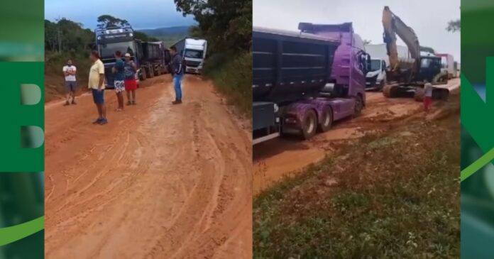 video:-apos-fortes-chuvas,-veiculo-atola-em-desvio-da-br-101-e-gera-congestionamento