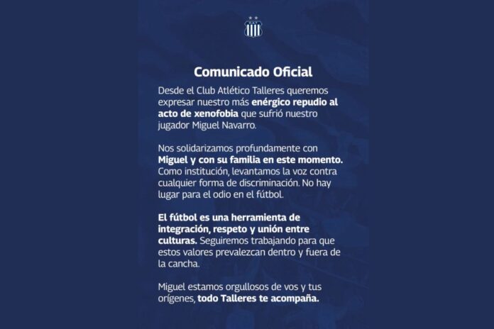 talleres-se-pronuncia-sobre-episodio-xenofobico-contra-jogador-do-time