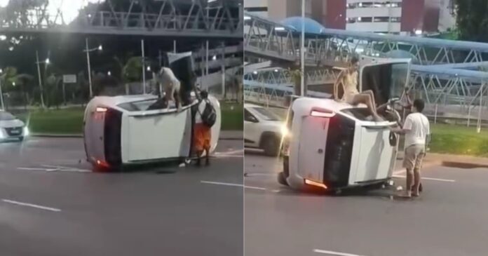video-mostra-momento-em-que-passageiros-desviram-carro-capotado-apos-acidente-em-salvador