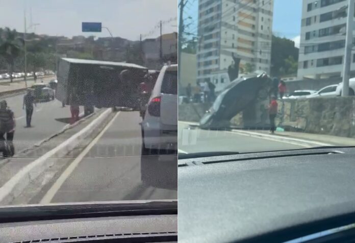 video:-caminhao-capota-e-carro-despenca-de-estrutura-apos-acidente-na-avenida-vasco-da-gama