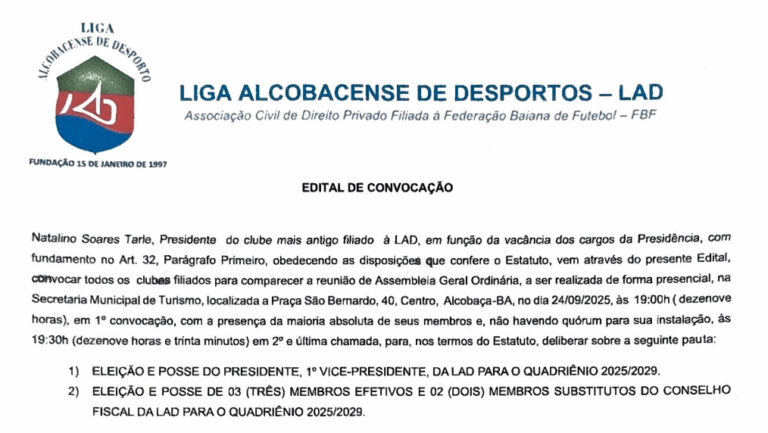 Liga Alcobacense de Desporto convoca clubes para eleição do quadriênio 2025/2029