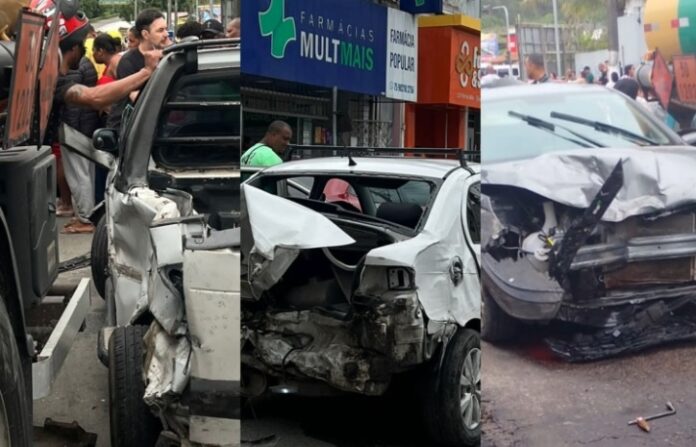caminhao-perde-controle-e-atinge-sete-veiculos-no-centro-de-nazare;-dois-ficam-feridos