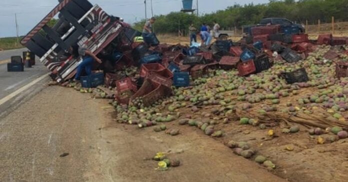 caminhoneiro-fica-ferido-apos-acidente-em-caetite;-veiculo-transportava-mangas