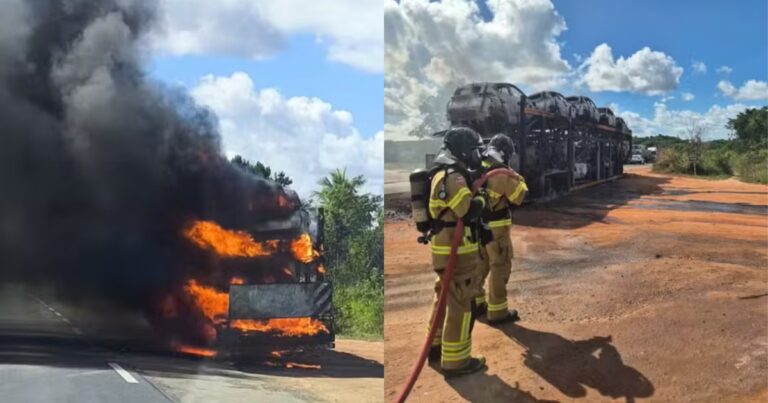 caminhao-cegonha-com-carros-eletricos-pega-fogo-em-alagoinhas-e-interdita-rodovia