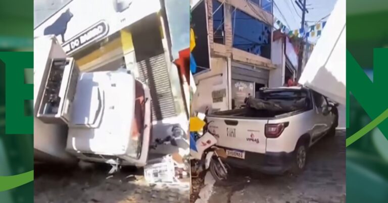 video:-caminhao-perde-o-freio,-tomba-e-atinge-carro-estacionado-no-centro-de-itacare