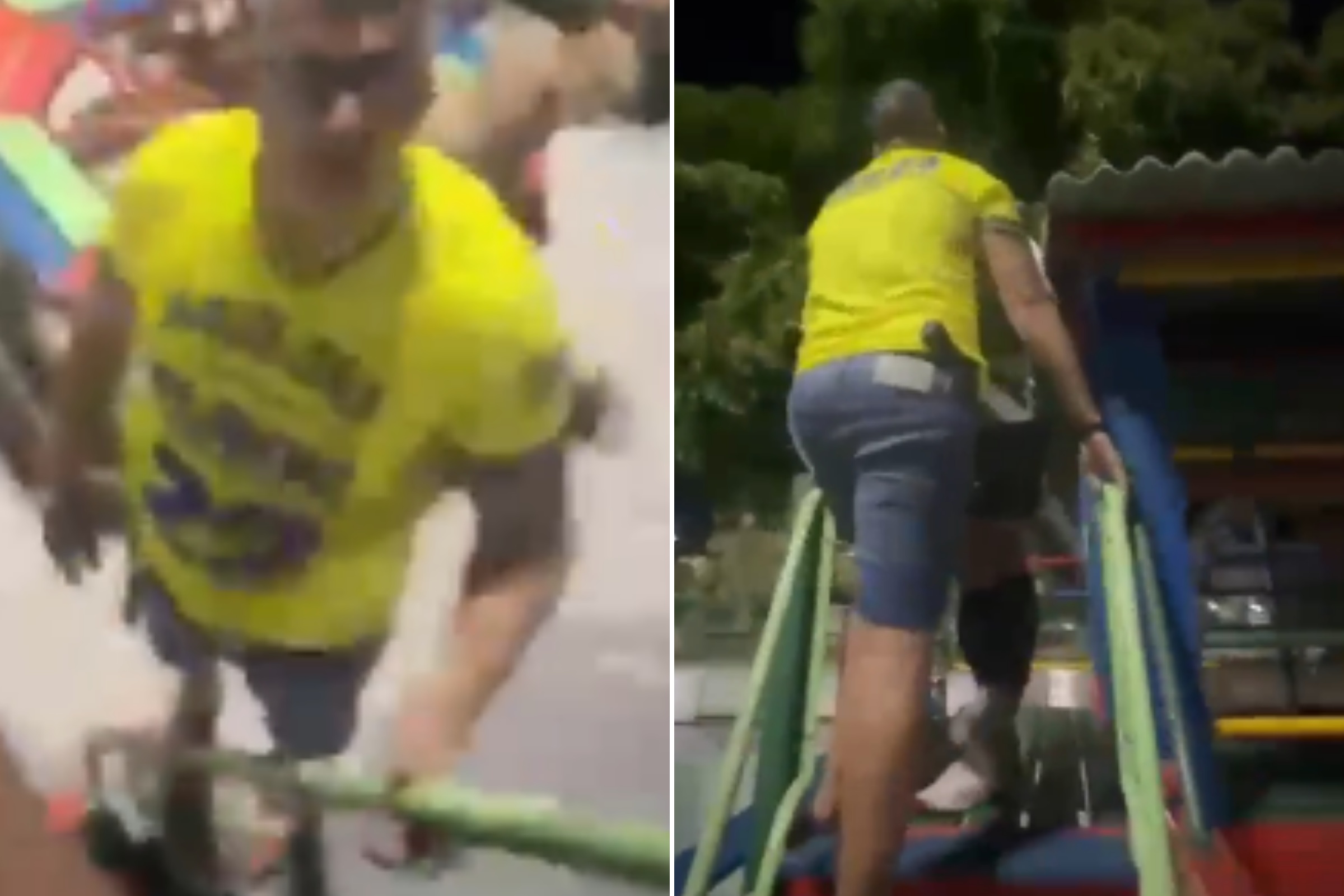Policial armado, camisa de Flávio, troca socos com jovem no parquinho