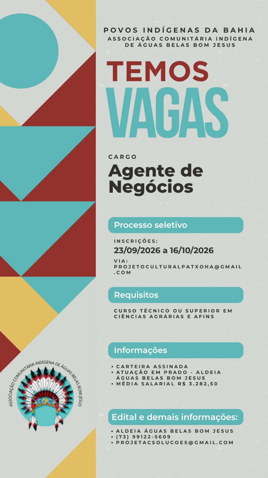Aldeias indígenas de Prado abrem seleção para vagas de Agente de Negócios