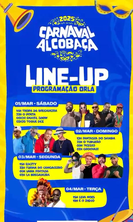 Divulgada a programação detalhada do Carnaval 2025 de Alcobaça 1 Programacao detalhada do Carnaval de Alcobaca 1