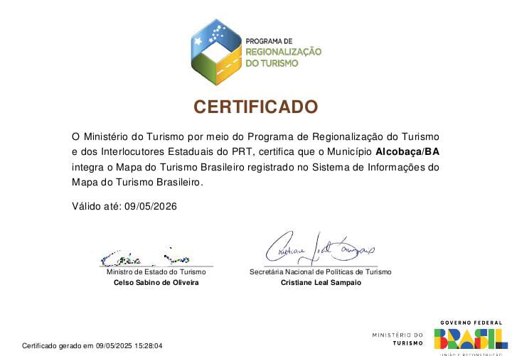 Alcobaça entra no Mapa do Turismo Brasileiro e amplia acesso a investimentos 1 cadastro de Alcobaca no Mapa do Turismo Brasileiro
